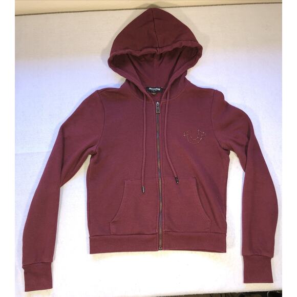 True Religion Zip Hoodie Embellished Studs Burgundy TR Alumni 2002 Womens Sz XS - Picture 1 of 9